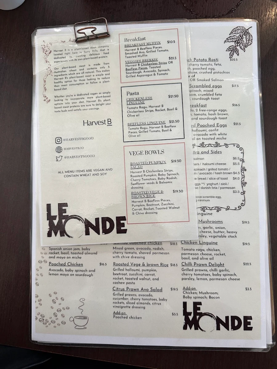 Menu, Le Monde Cafe