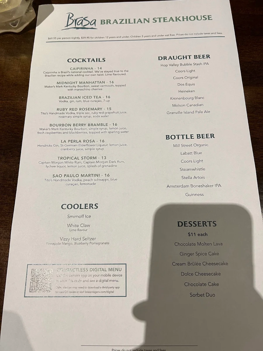 Menu, Brasa Brazilian Steakhouse