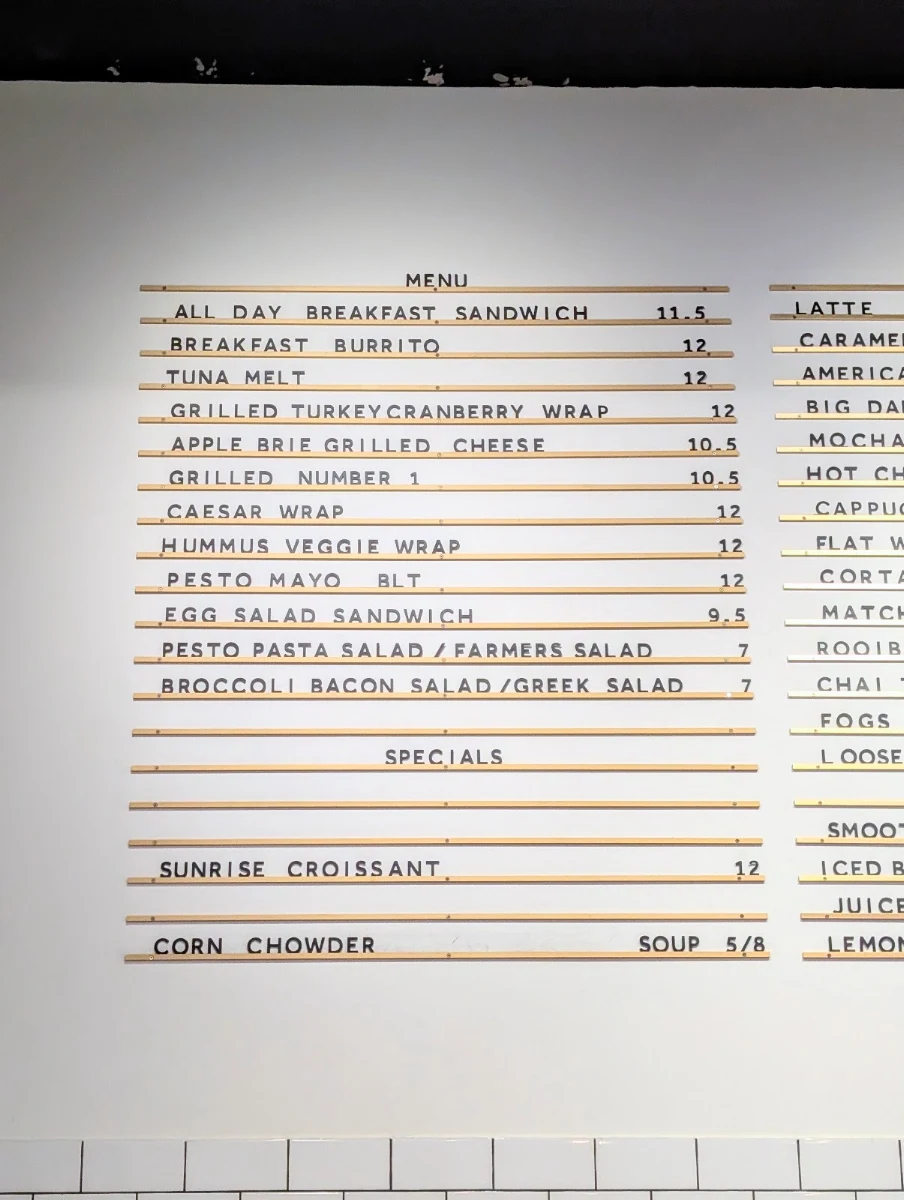 Menu, Bread Milk & Honey Cafe
