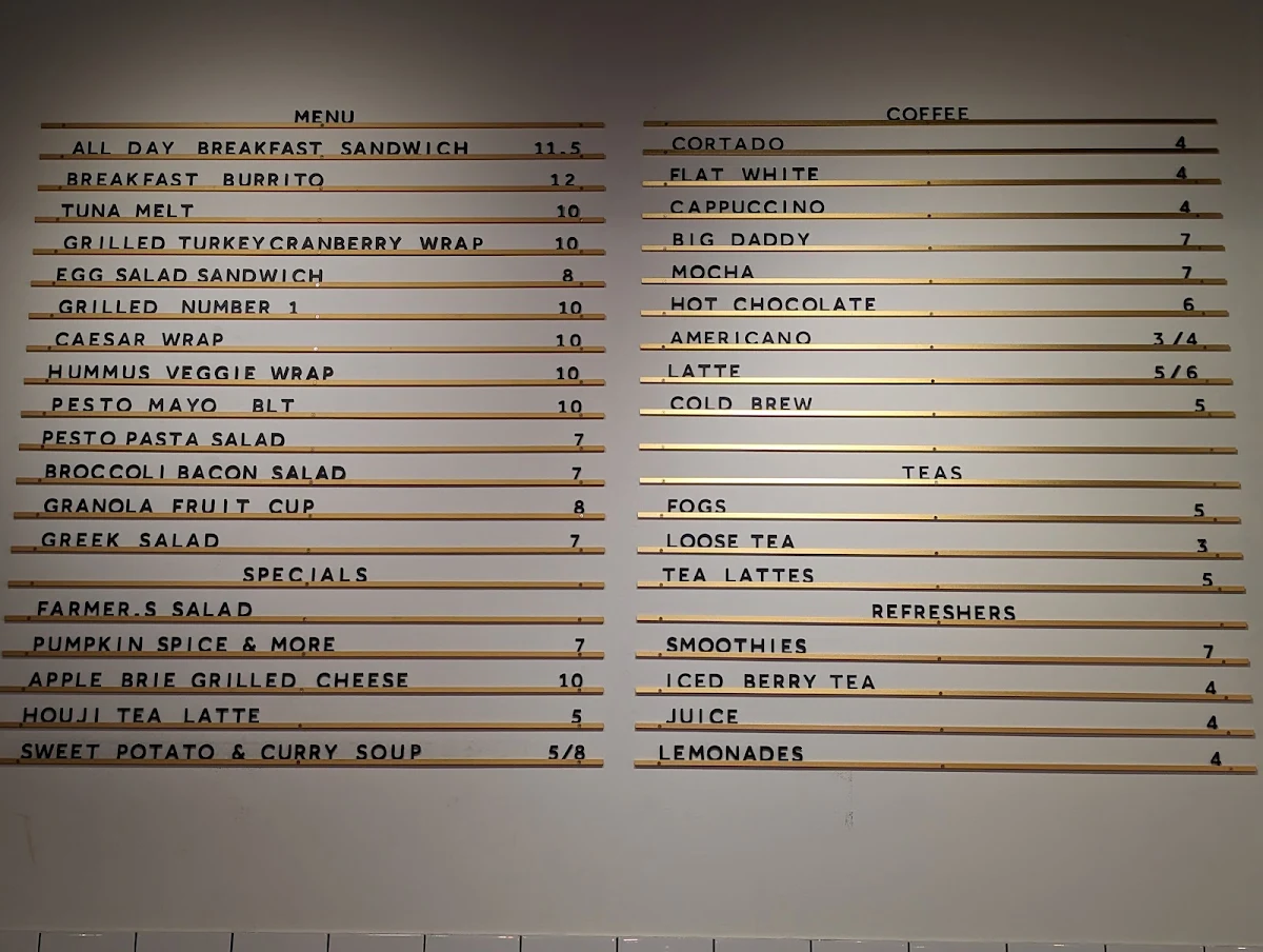 Menu, Bread Milk & Honey Cafe