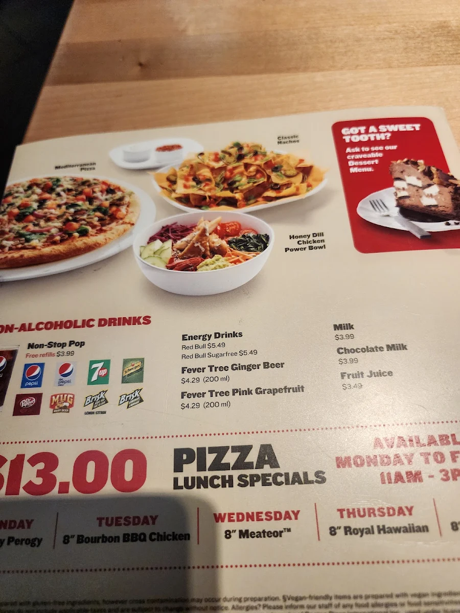 Menu, Boston Pizza