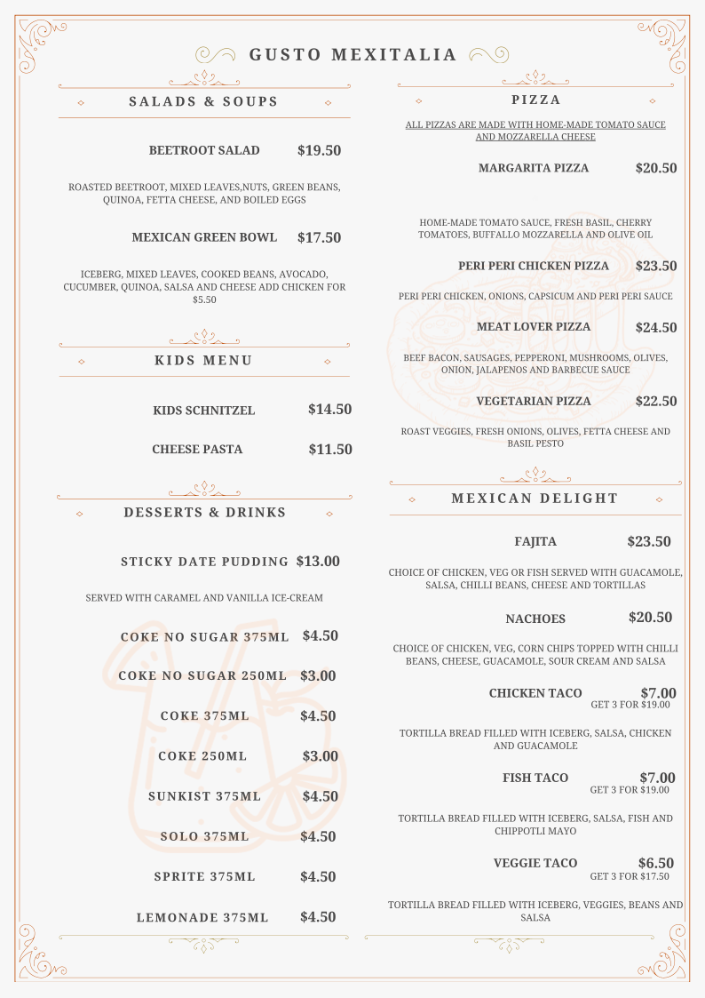 Menu, Gusto Mexitalia