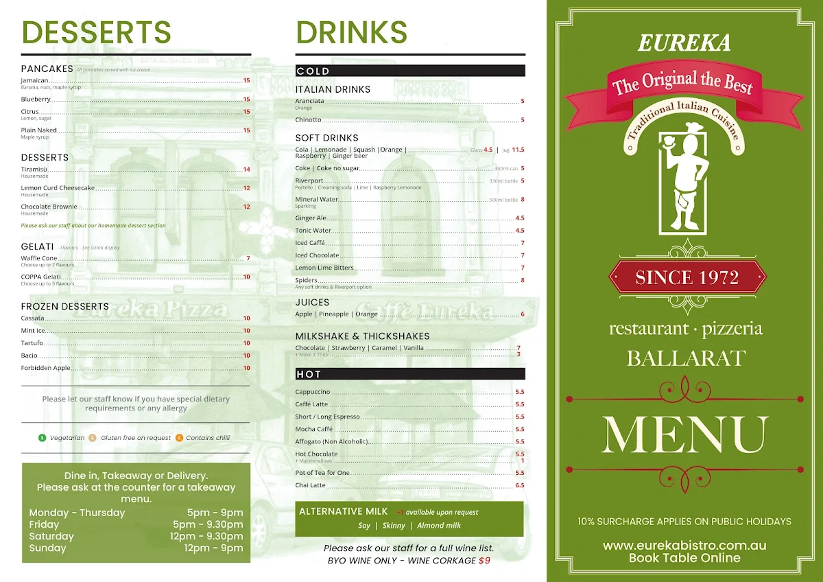 Menu, Eureka Pizza & Bistro Ballarat