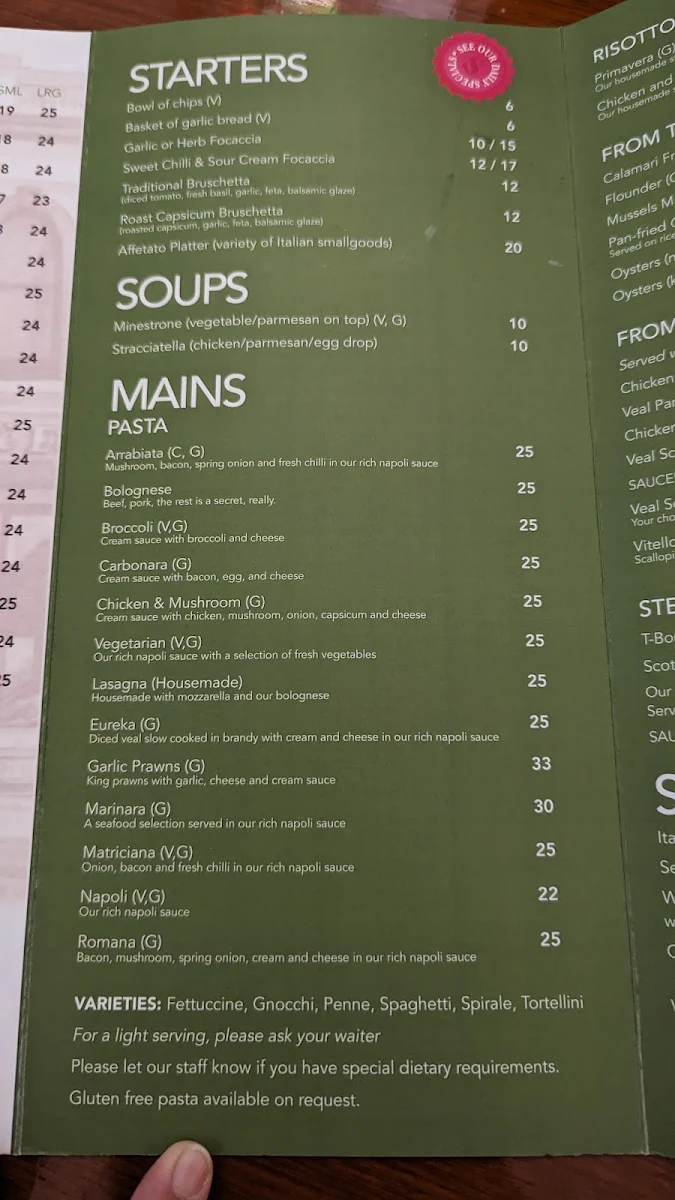 Menu, Eureka Pizza & Bistro Ballarat