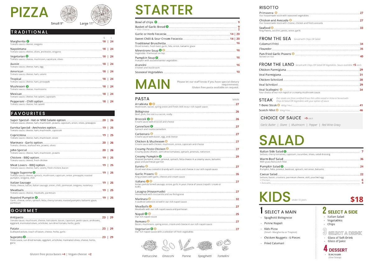 Menu, Eureka Pizza & Bistro Ballarat
