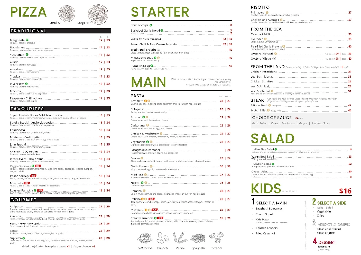 Menu, Eureka Pizza & Bistro Ballarat