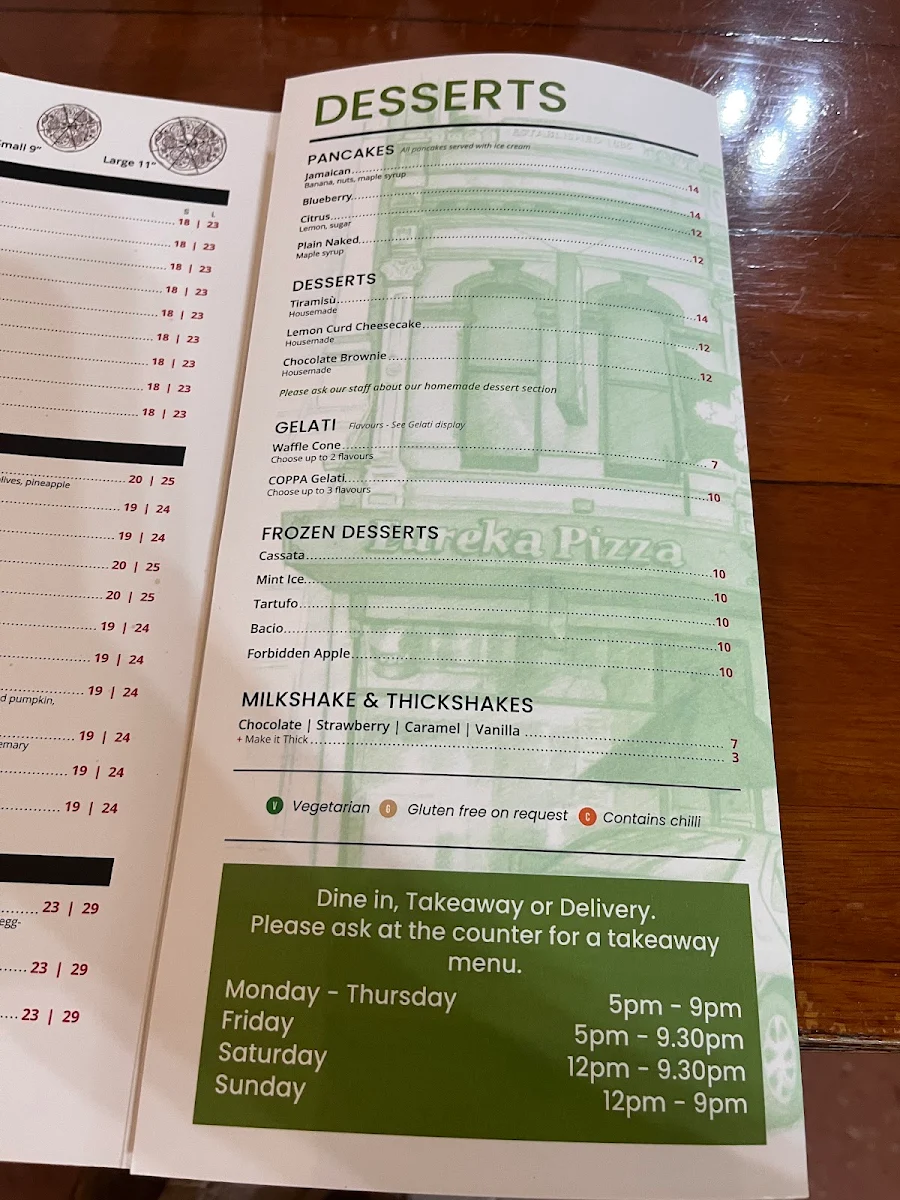 Menu, Eureka Pizza & Bistro Ballarat