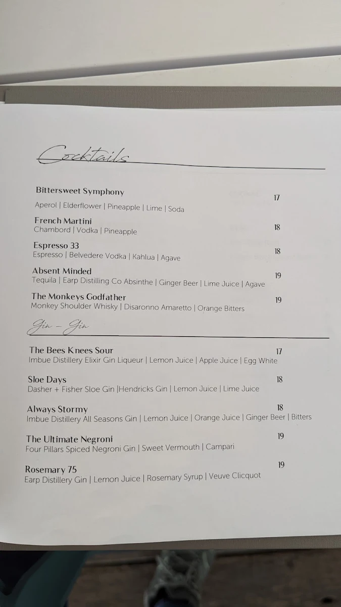 Menu, Thirty Three Degrees