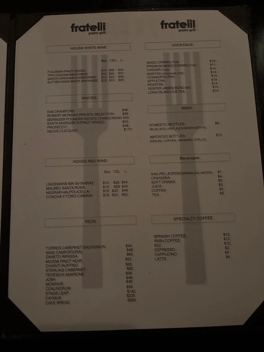 Menu, Fratelli Pasta Grill