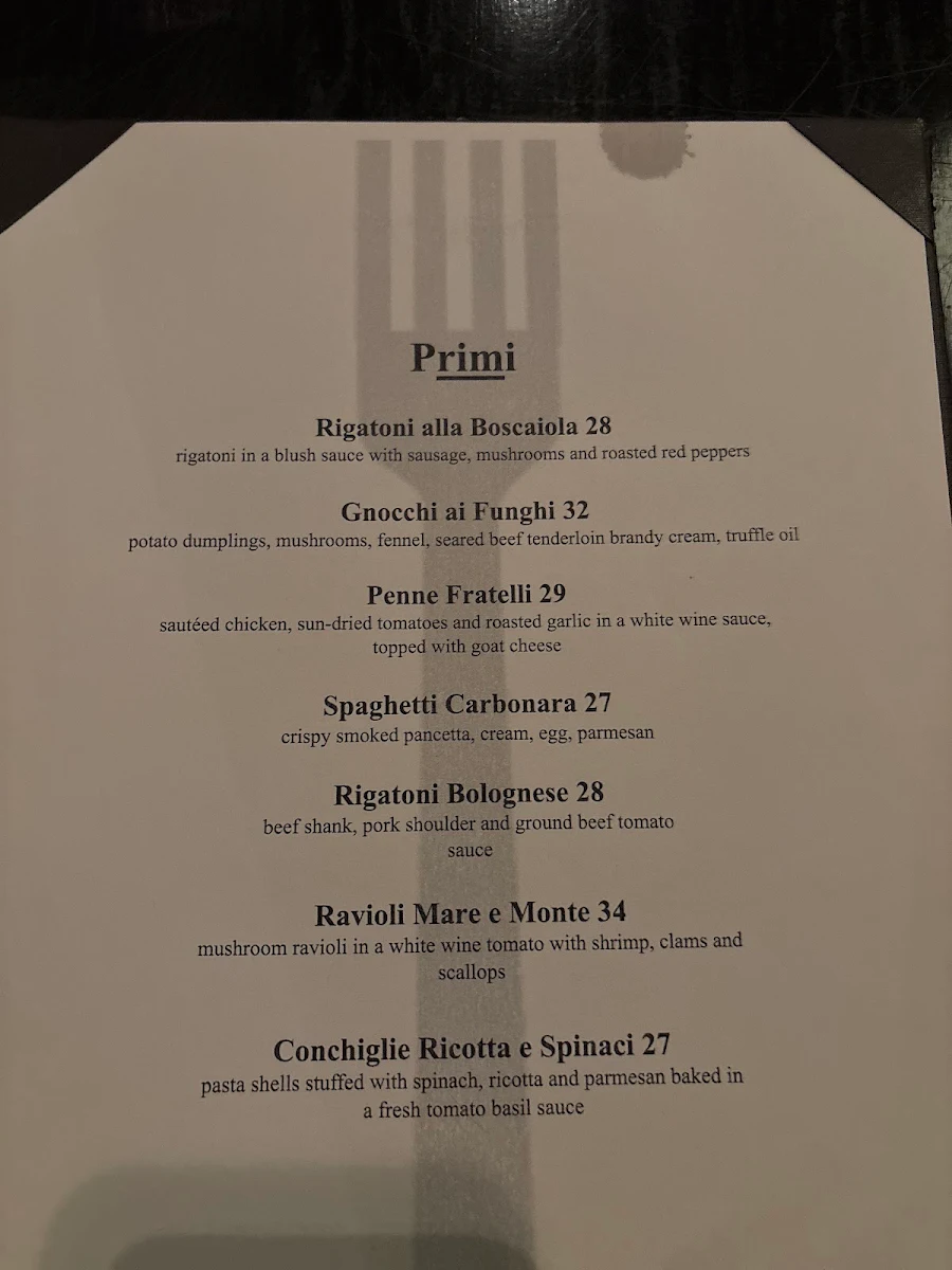 Menu, Fratelli Pasta Grill