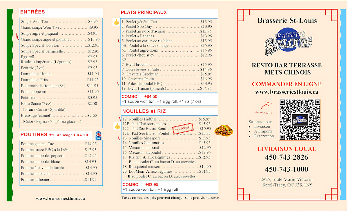 Menu, Brasserie St-Louis