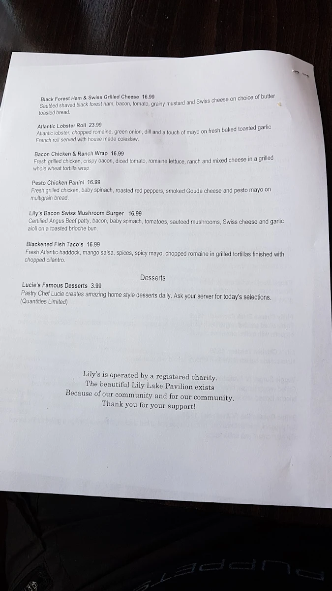 Menu, Lily's