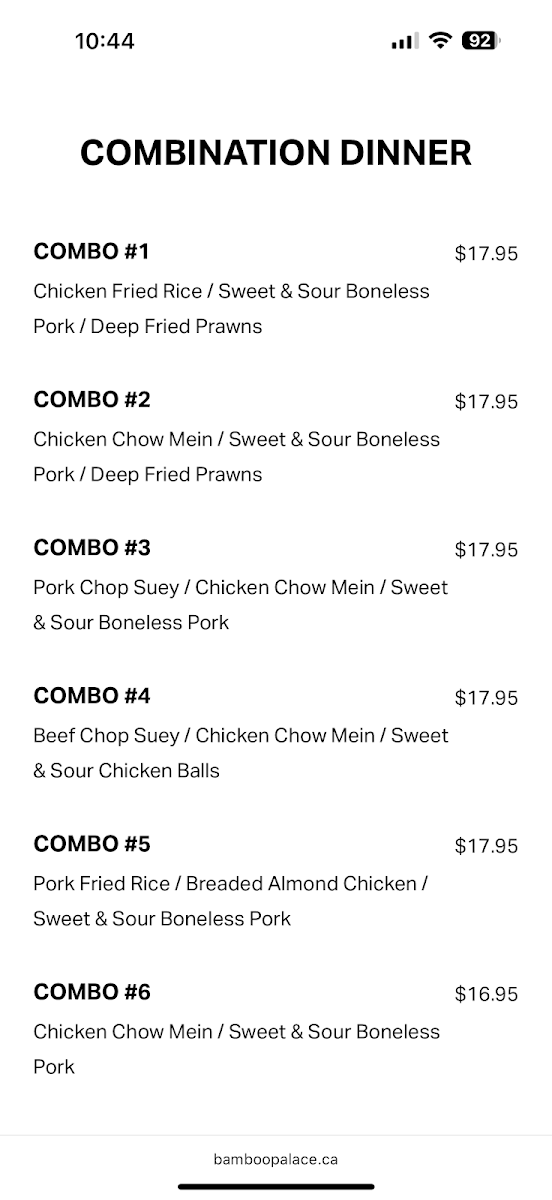 Menu, Bamboo Palace