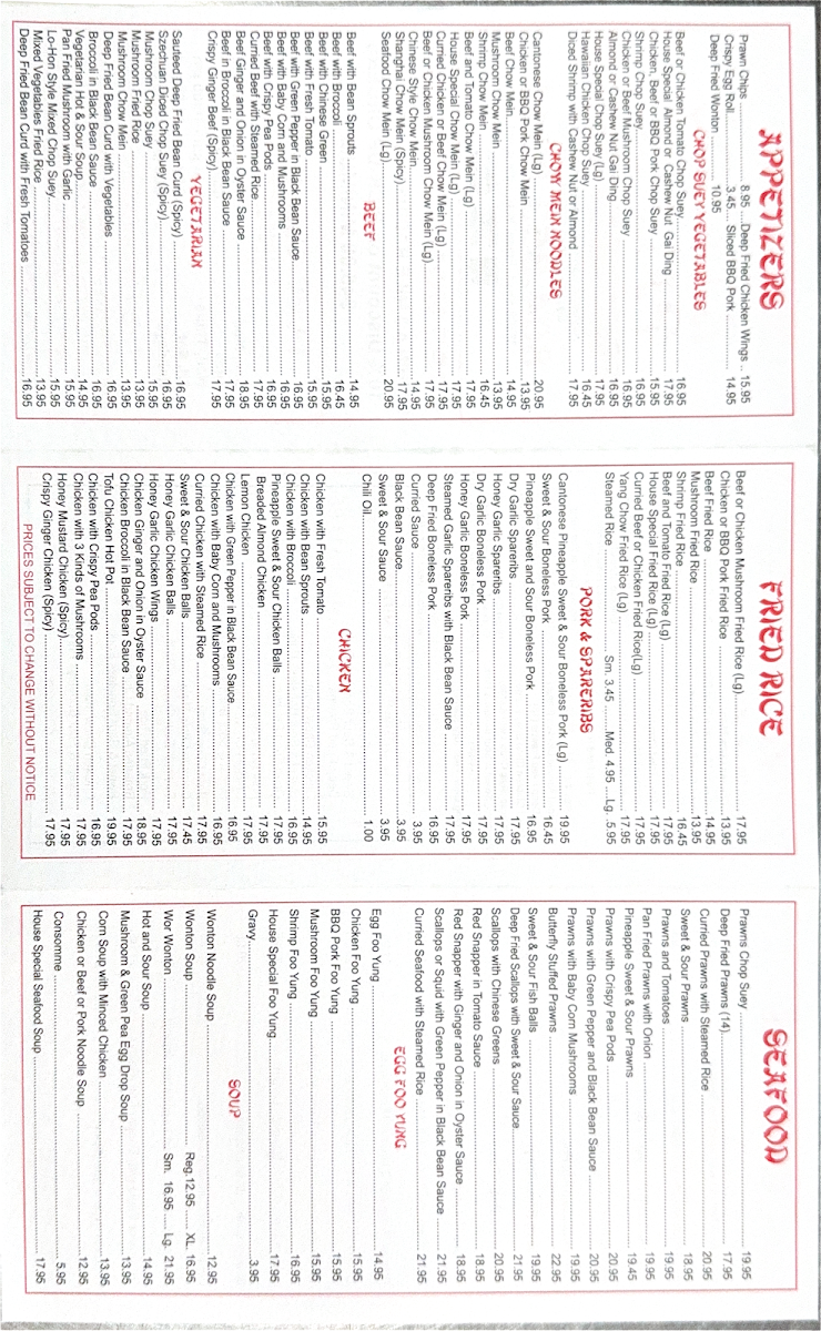 Menu, Bamboo Palace