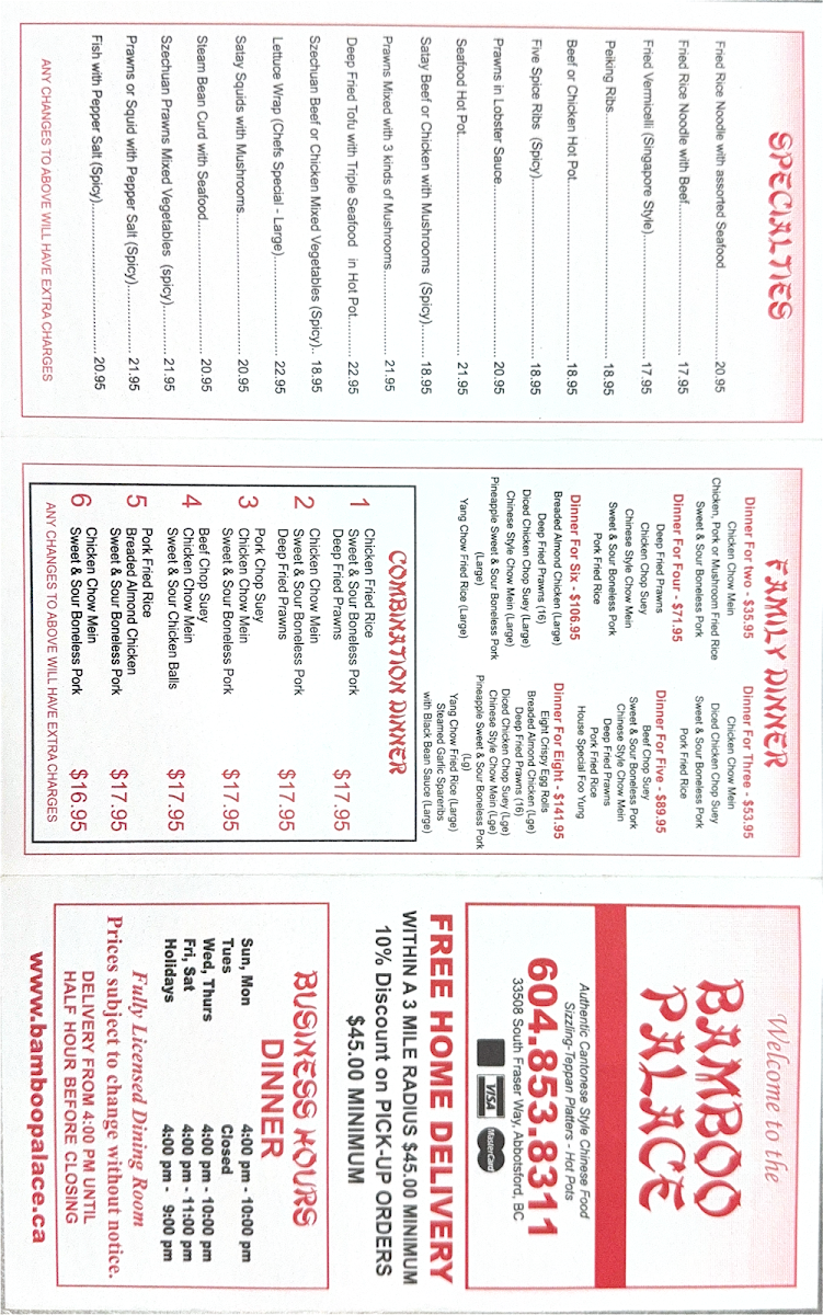 Menu, Bamboo Palace