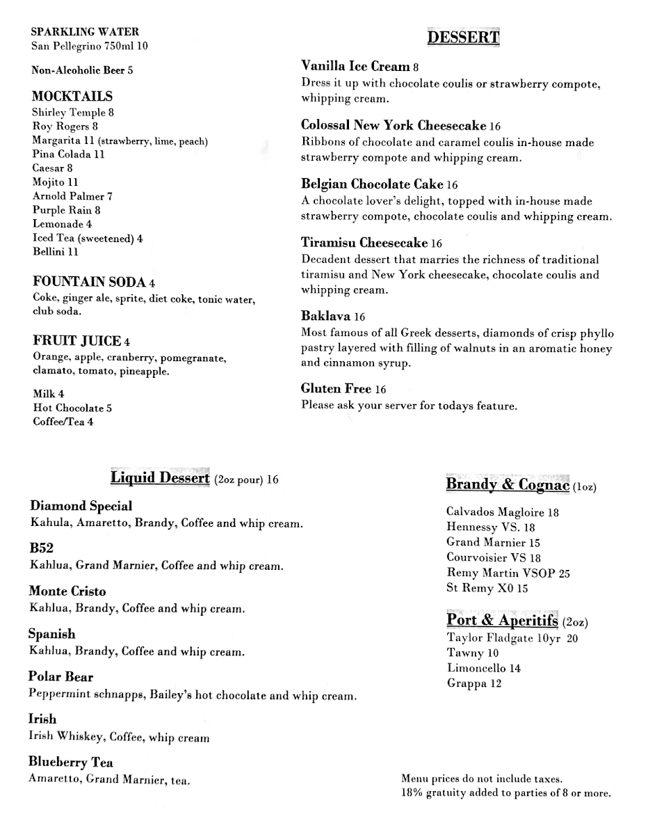 Menu, Diamond Steak & Seafood House