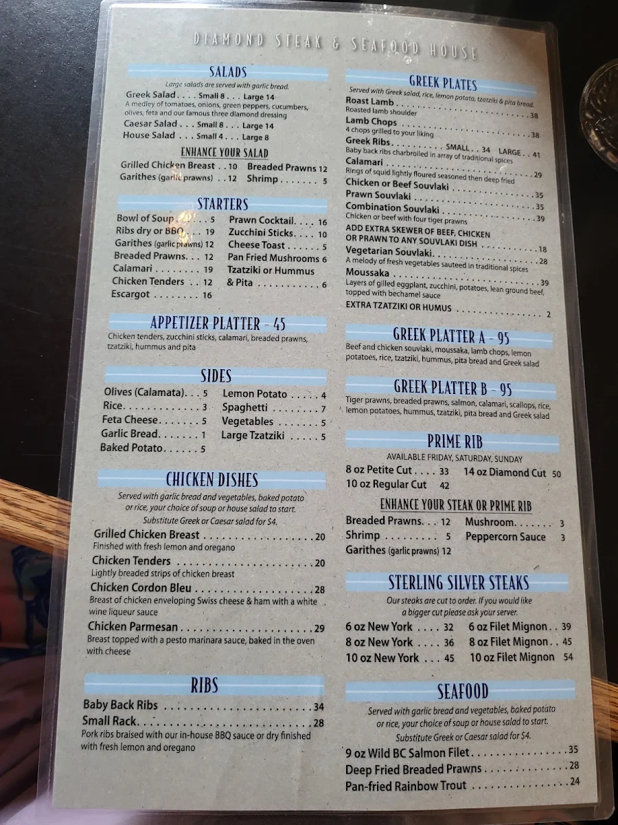 Menu, Diamond Steak & Seafood House