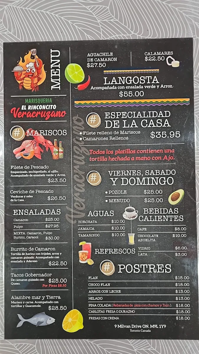 Menu, Marisqueria El Rinconcito Veracruzano