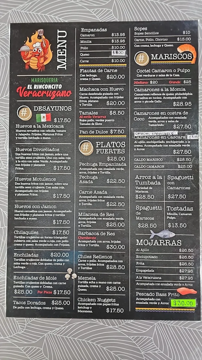 Menu, Marisqueria El Rinconcito Veracruzano