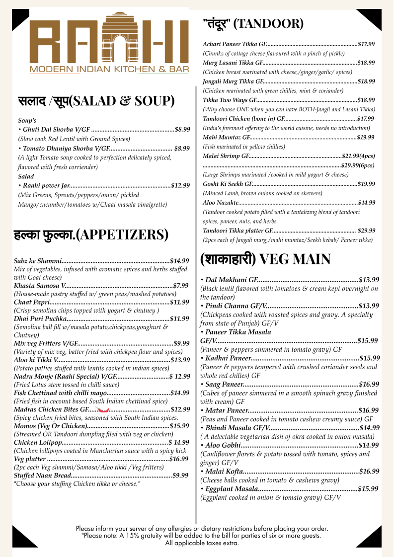 Menu, RAAHI MODERN INDIAN KITCHEN & BAR
