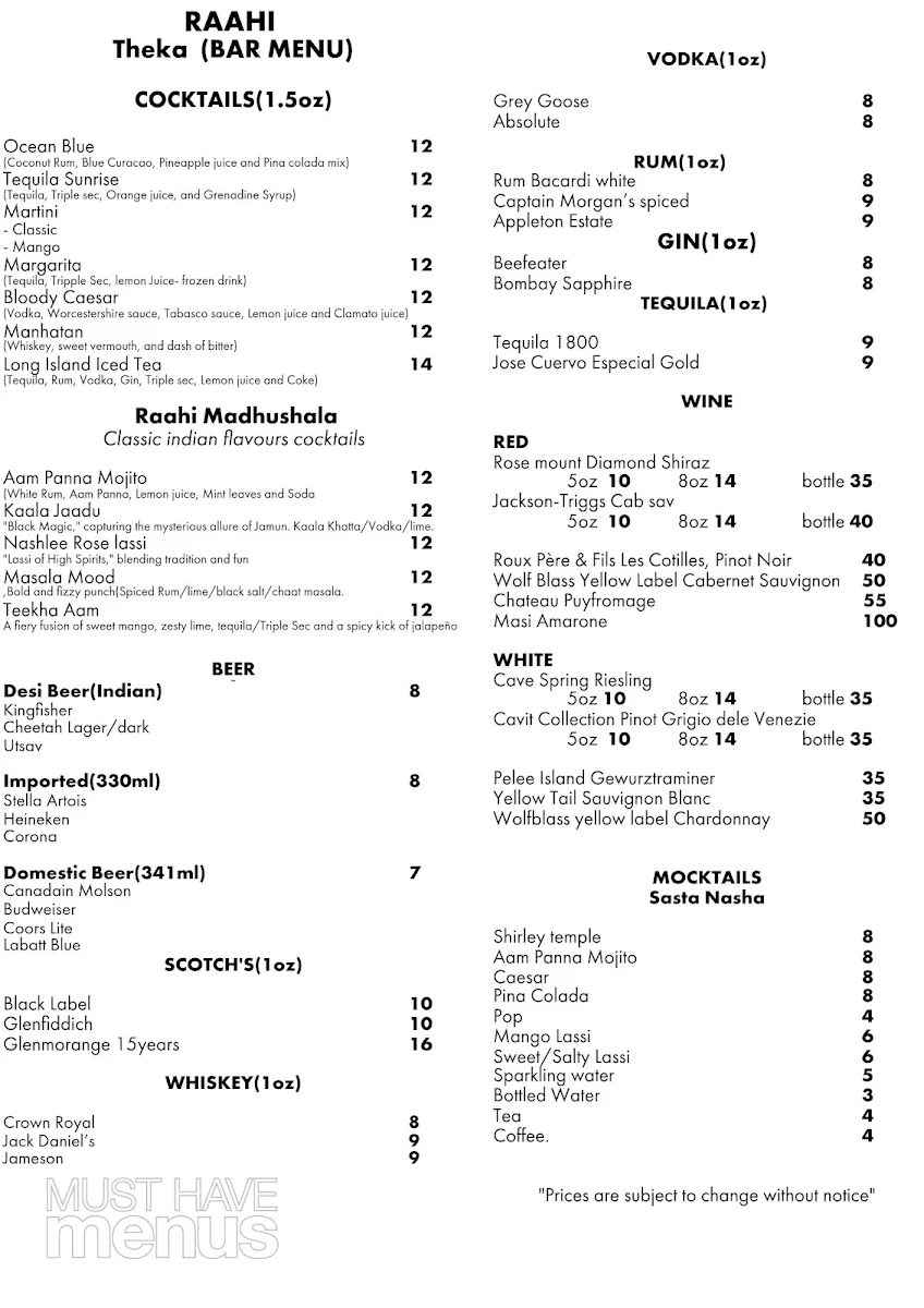 Menu, RAAHI MODERN INDIAN KITCHEN & BAR