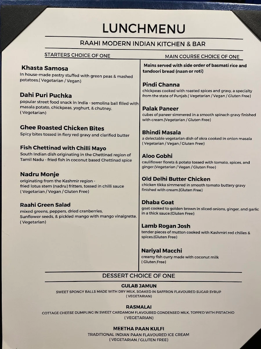 Menu, RAAHI MODERN INDIAN KITCHEN & BAR