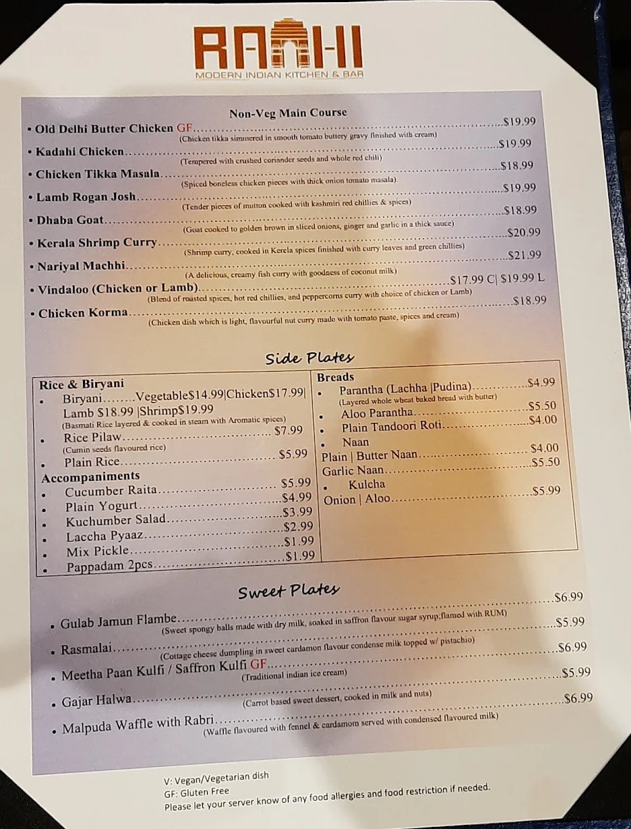 Menu, RAAHI MODERN INDIAN KITCHEN & BAR