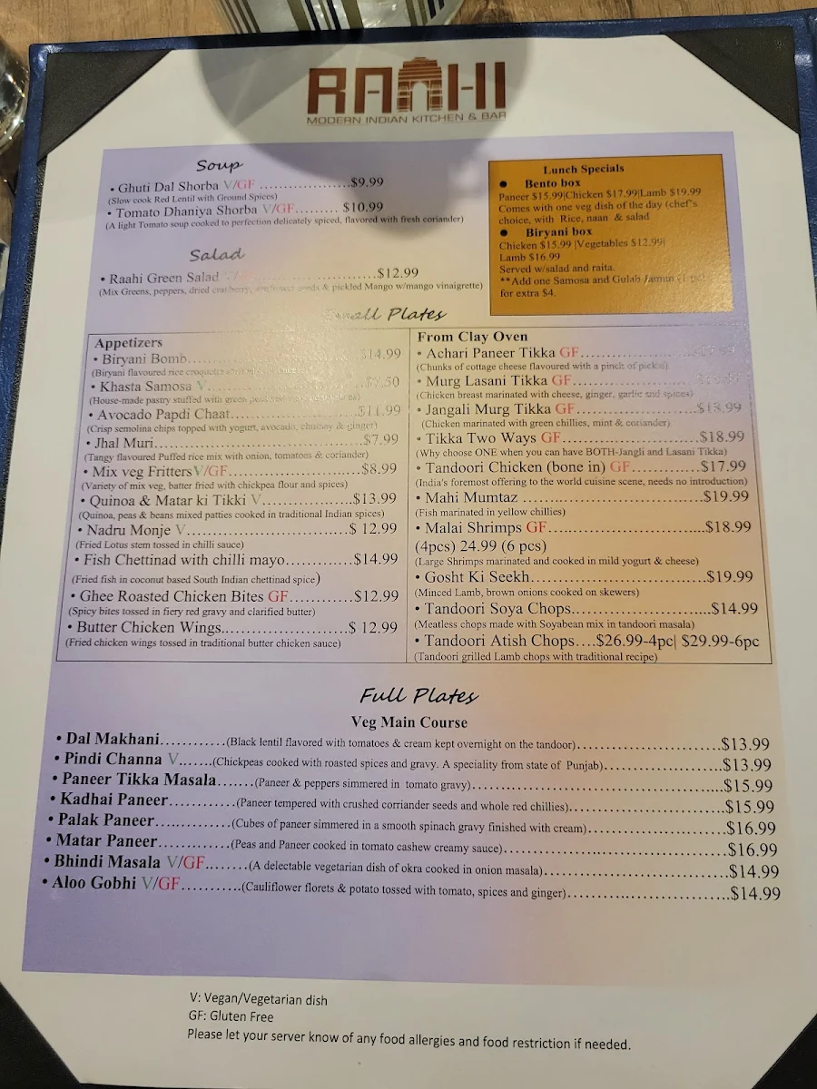 Menu, RAAHI MODERN INDIAN KITCHEN & BAR