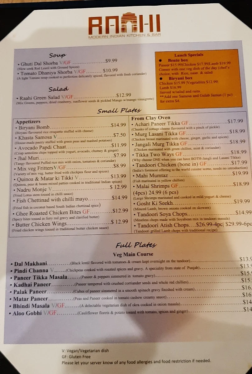 Menu, RAAHI MODERN INDIAN KITCHEN & BAR