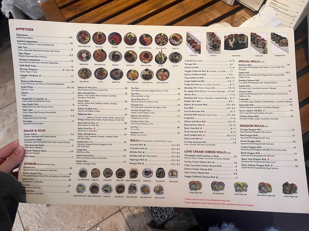 Menu, Tokyo Sushi