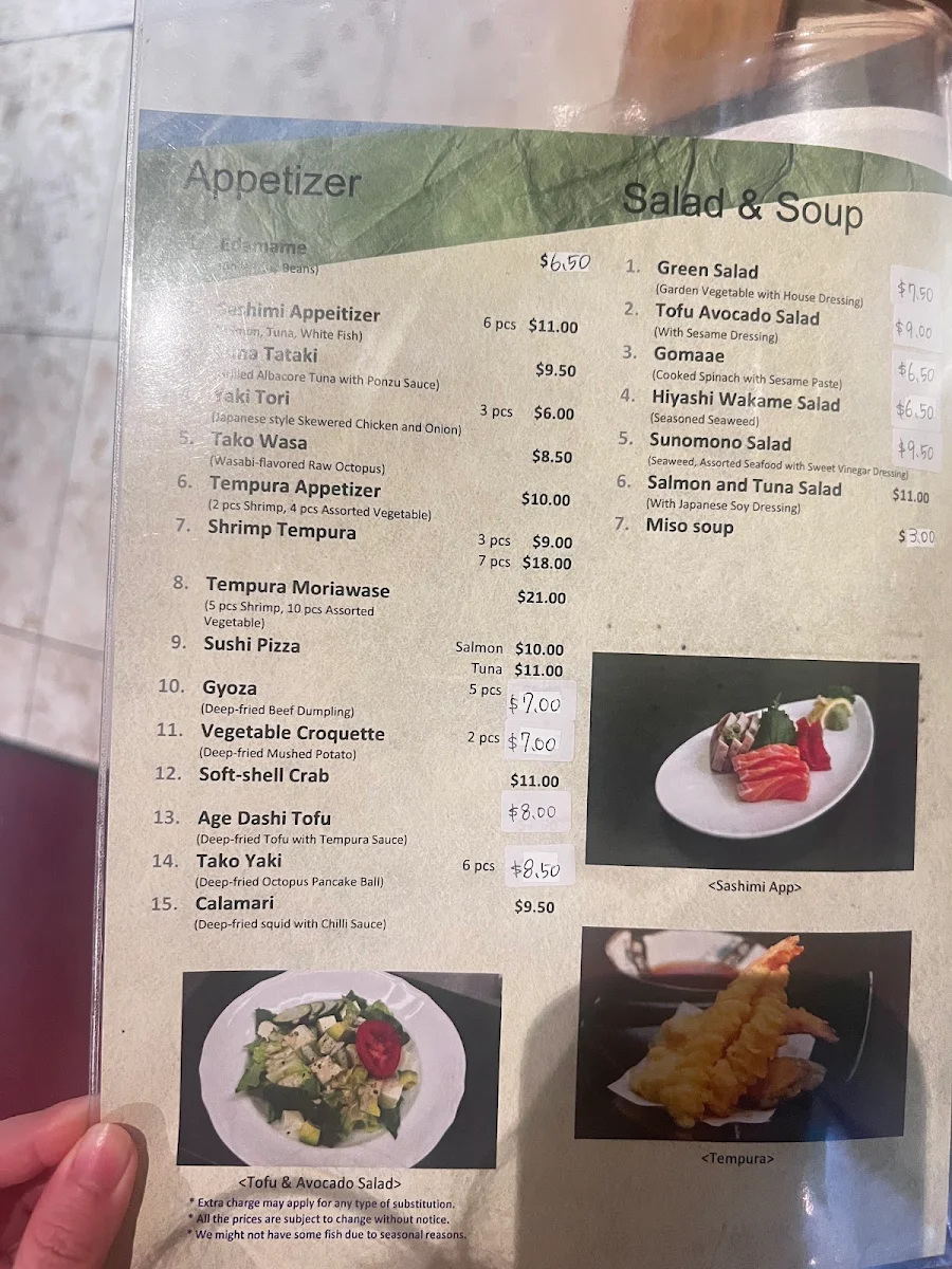 Menu, Tokyo Sushi