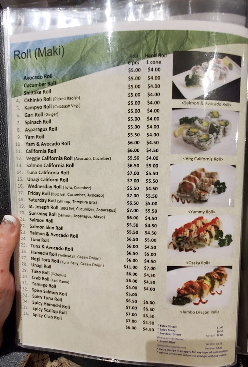 Menu, Tokyo Sushi