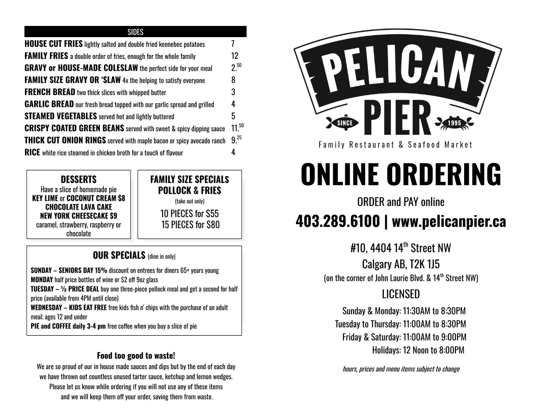 Menu, Pelican Pier
