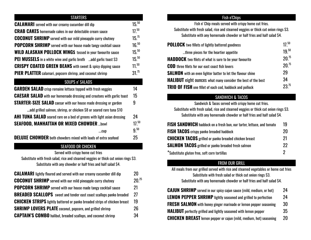 Menu, Pelican Pier