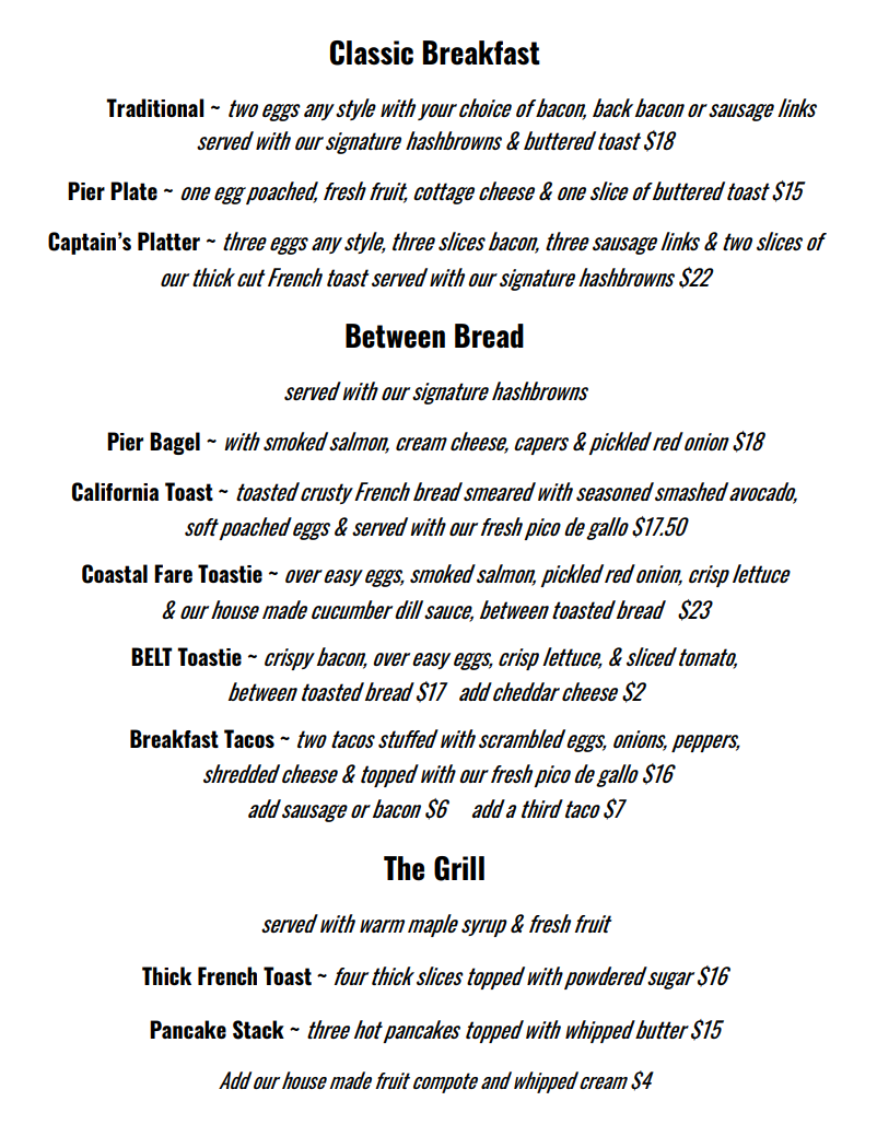 Menu, Pelican Pier