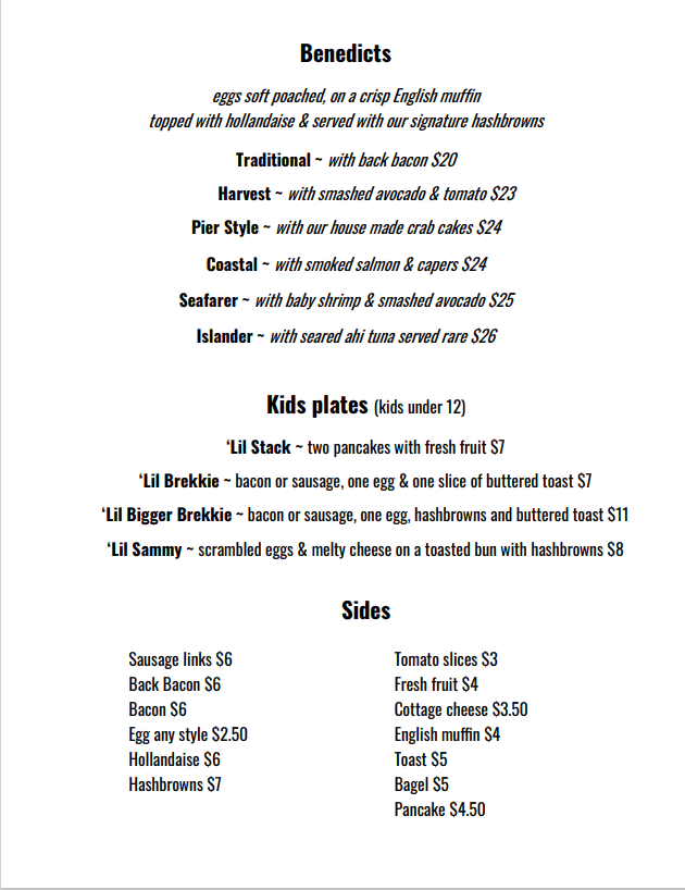Menu, Pelican Pier