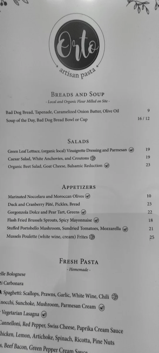 Menu, Orto Artisan Pasta