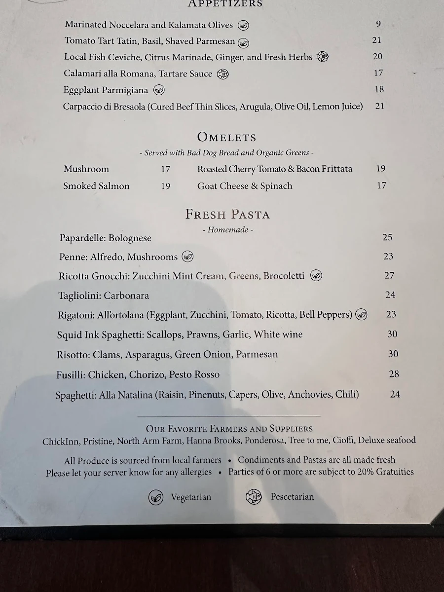 Menu, Orto Artisan Pasta