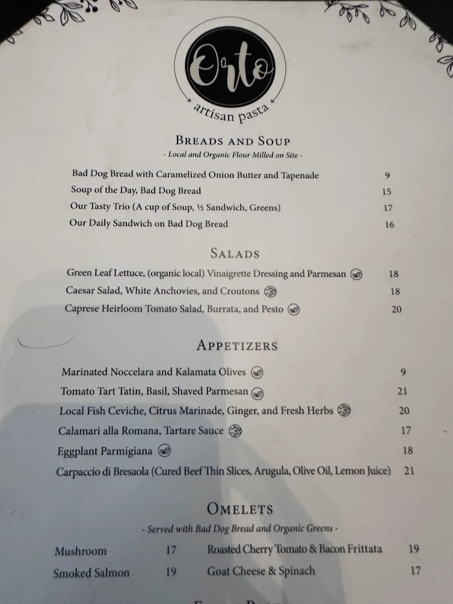 Menu, Orto Artisan Pasta