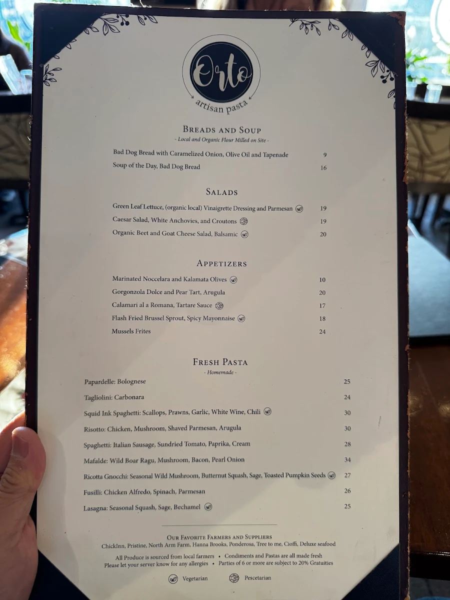 Menu, Orto Artisan Pasta