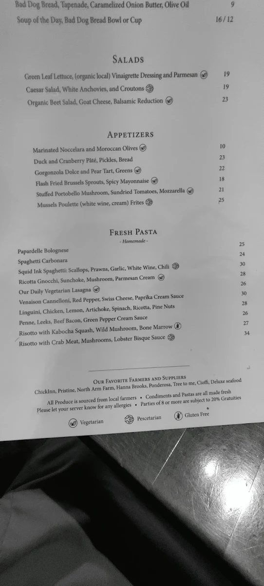 Menu, Orto Artisan Pasta