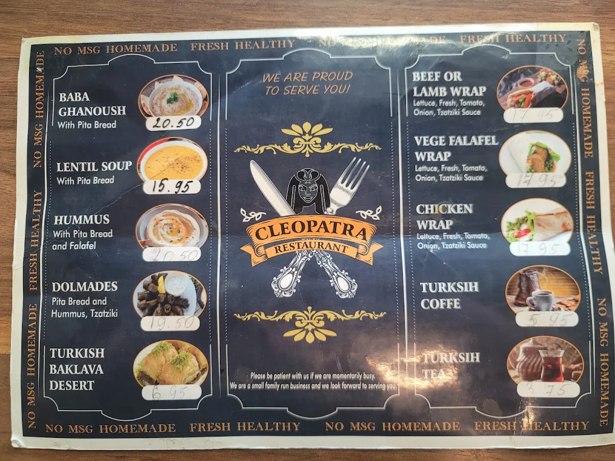 Menu, CLEOPATRA RESTAURANT