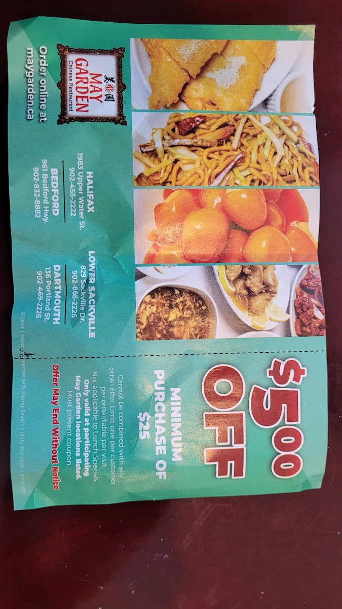 Menu, May Garden Chinese Restaurant Sackville