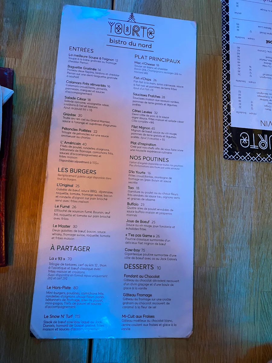 Menu, Yourte - Bistro du Nord