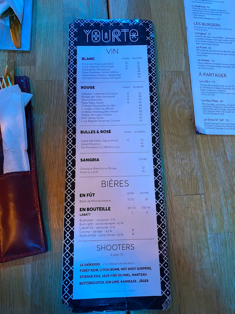 Menu, Yourte - Bistro du Nord