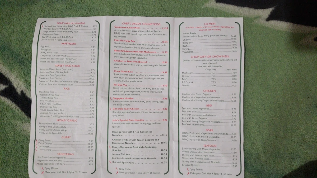 Menu, Jade's of Paris Restaurant