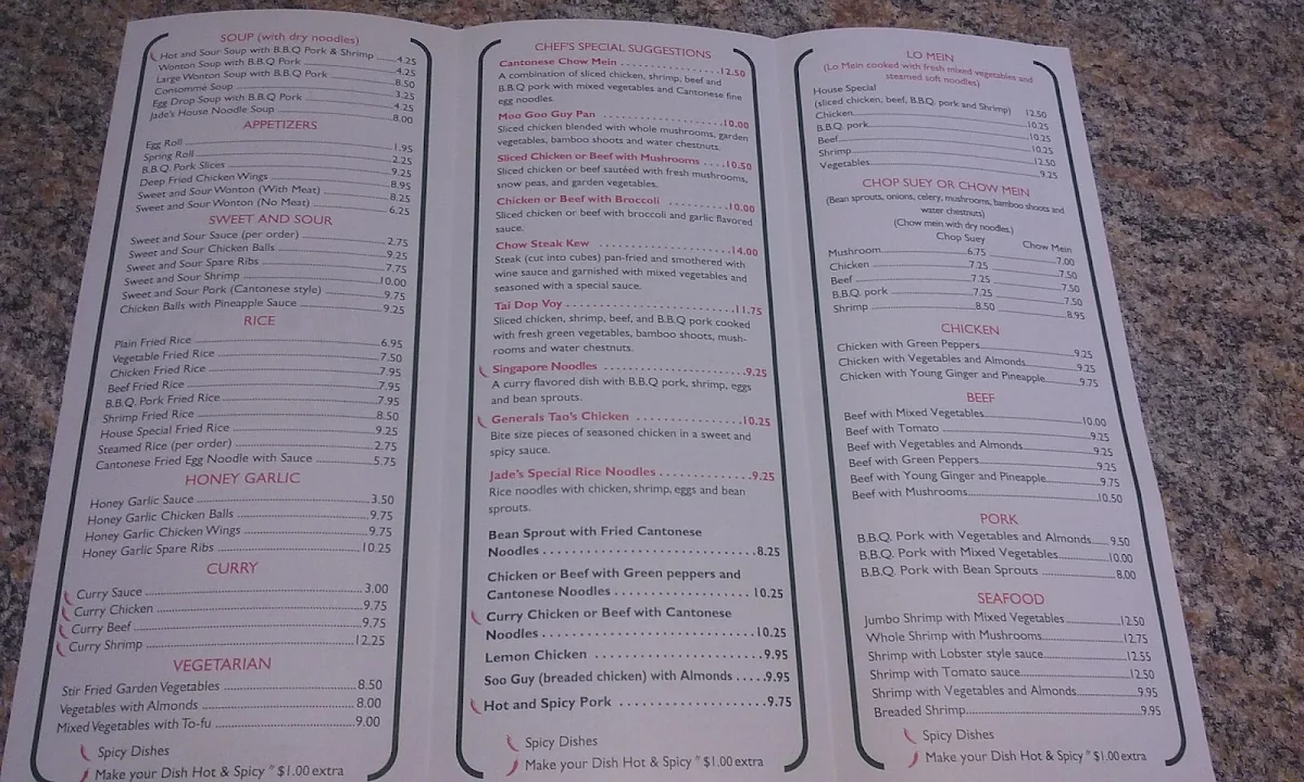 Menu, Jade's of Paris Restaurant