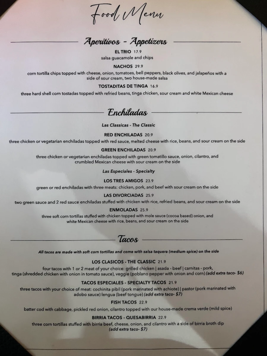 Menu, Salsa & Guacamole