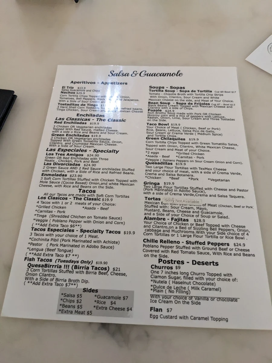 Menu, Salsa & Guacamole