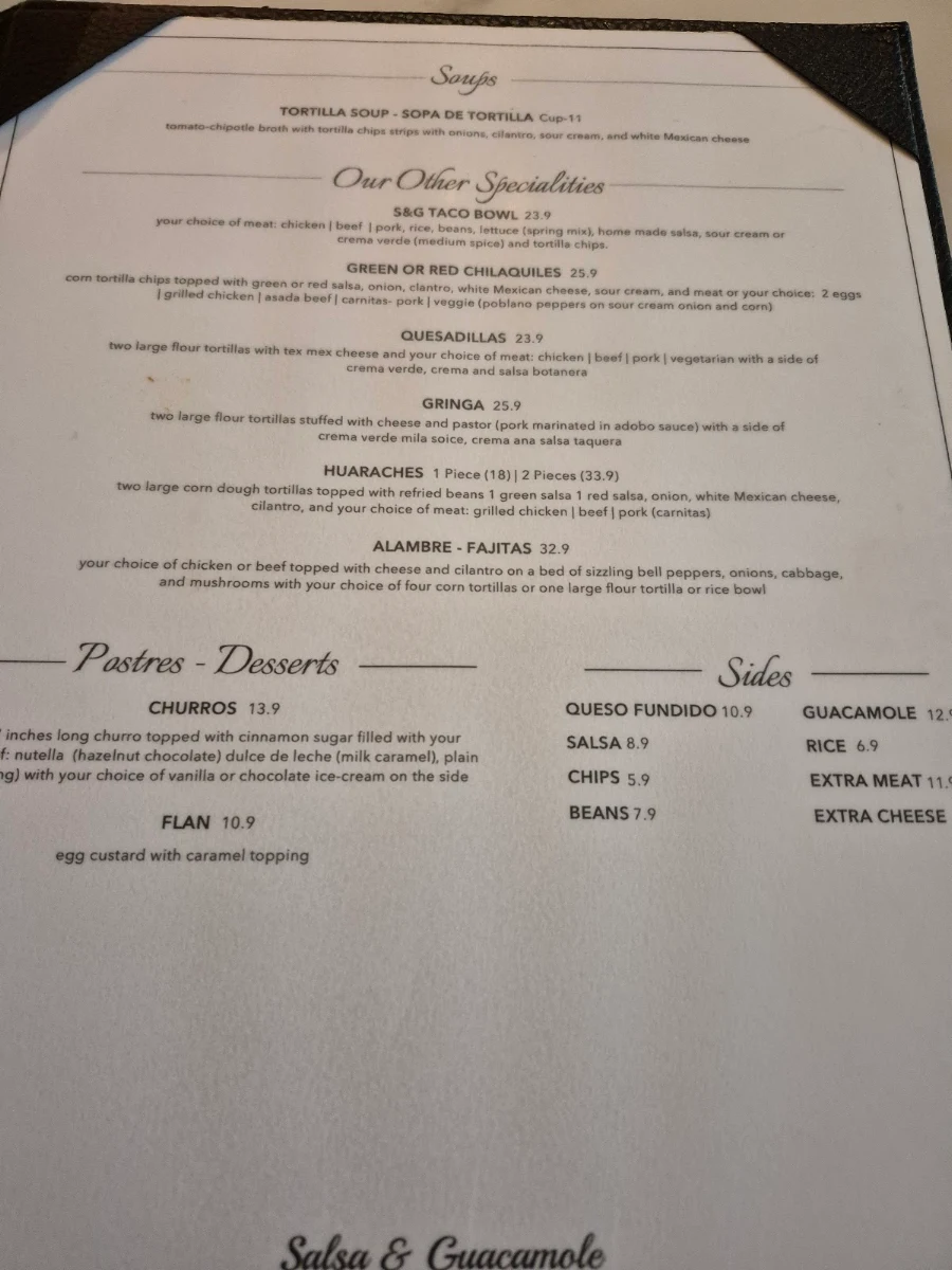 Menu, Salsa & Guacamole